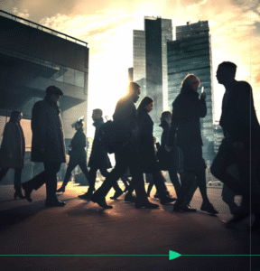 Changing annuity market presentation of business men and women walking in city