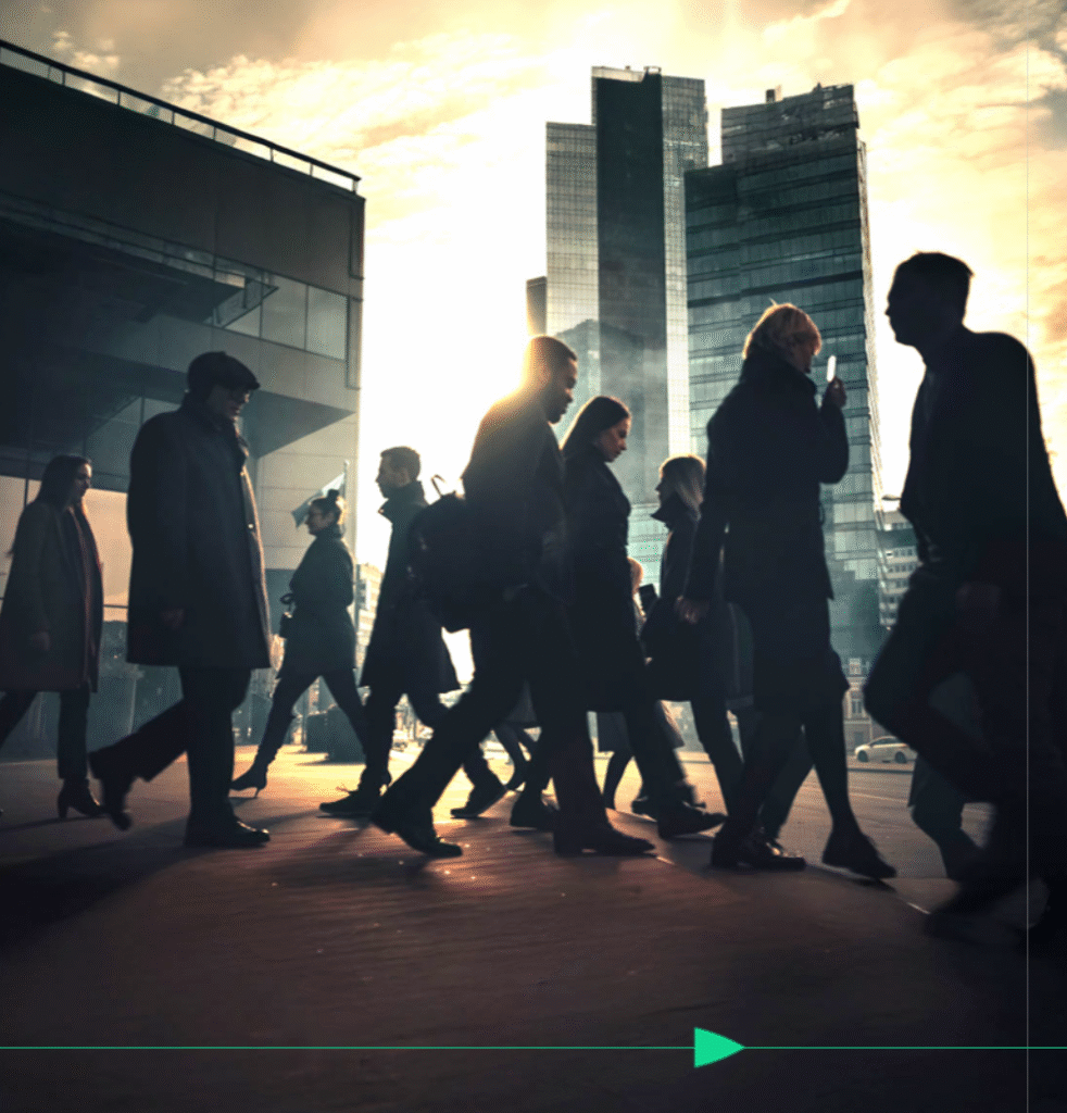 Changing annuity market presentation of business men and women walking in city