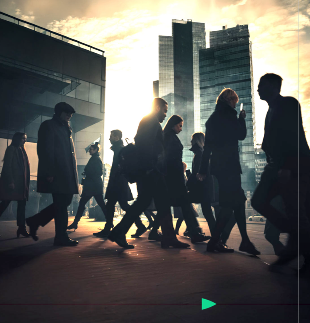Changing annuity market presentation of business men and women walking in city
