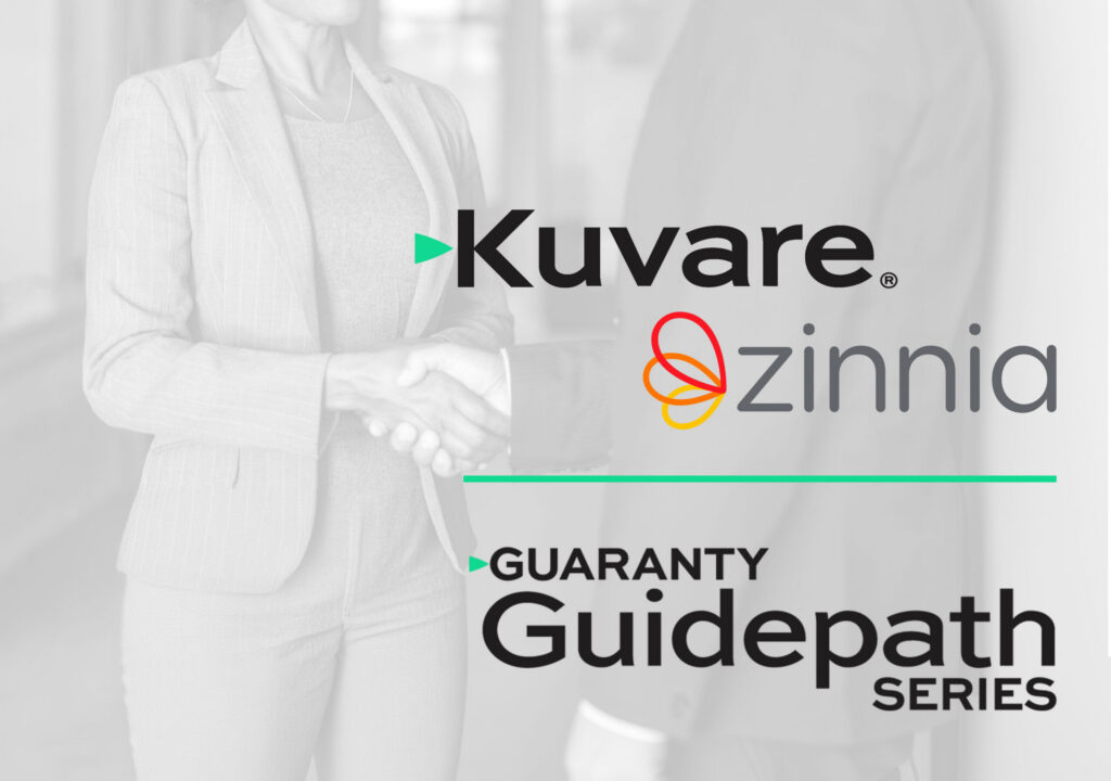 Business people shaking hands in the office. Kuvare logo partners with Zinnia during Guaranty Guidepath product launch.